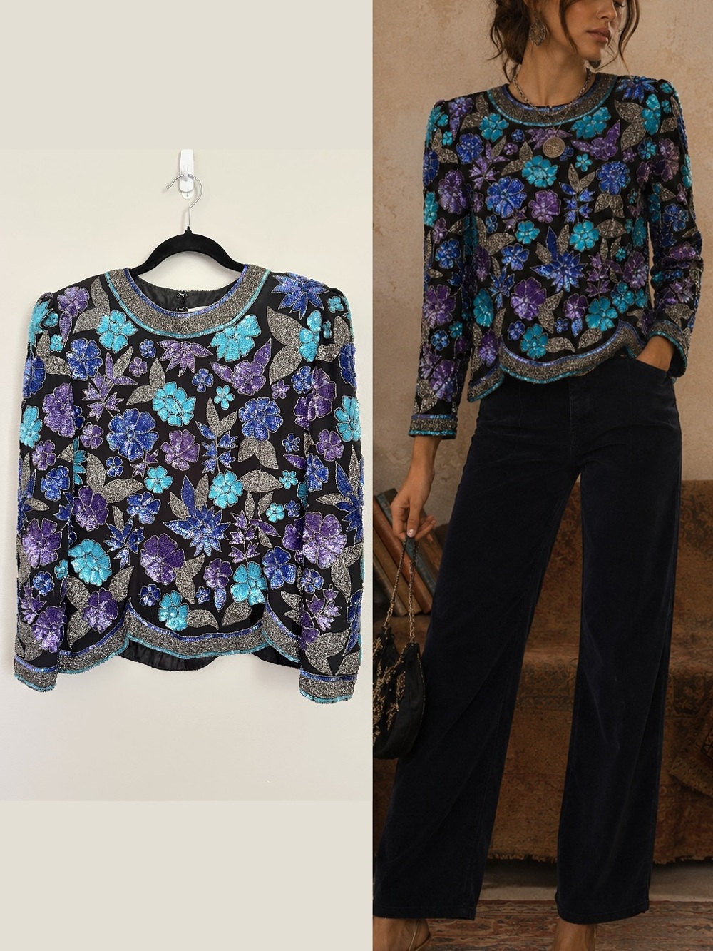 Vintage Dayton’s Silk Beaded Sequin Floral Top Medium Black Blue Purple Evening
